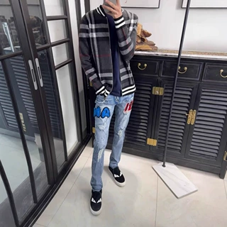 量大优同款红蓝buff亮片AM破洞牛仔裤男女百搭修身小脚裤长裤潮