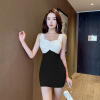 Mesh vest skirt with contrasting color patchwork， buttocks wrapped， tight pleated dress