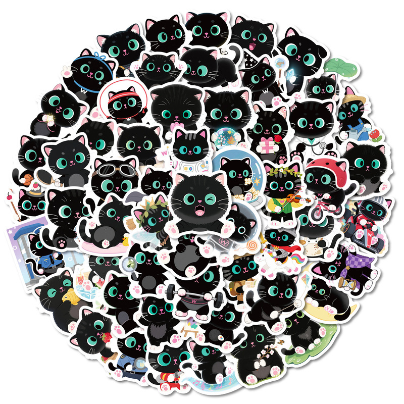 56张跨境新款黑猫日常卡通涂鸦贴纸可爱黑色胖猫手机笔记本装饰贴|undefined