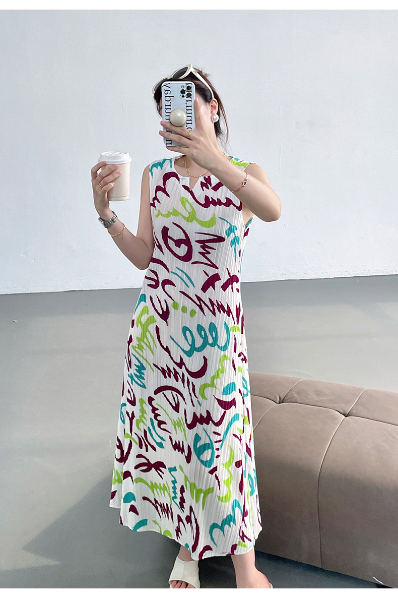 Váy liền ba lỗ xếp ly họa tiết dọc graffiti tương phản phong cách Nhật Bản mùa hè — Phối đen trắng chi tiết 15