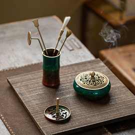 彩绘金莲铜香炉熏香炉香篆炉盘香炉檀香打香篆工具沉香香道焚香炉