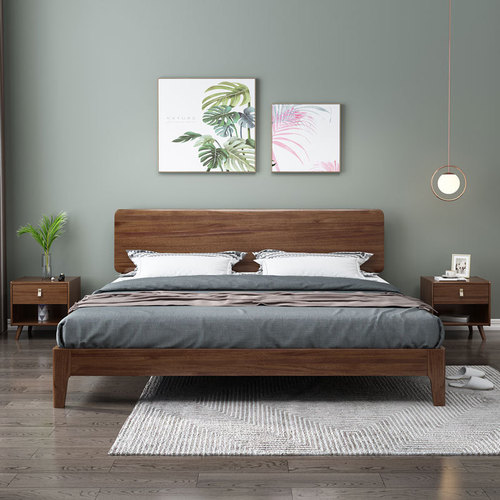 Nordic solid wood bed walnut bed master bedroom 1.8m1.5m double bed hotel bed and breakfast light luxury solid wood bed wedding bed