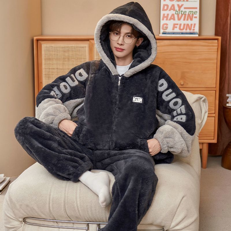 가을과 겨울 하늘 산호 양털 기모 두꺼운 남성 잠옷 홈 옷 플란넬 두건 따뜻한 청소년 세트