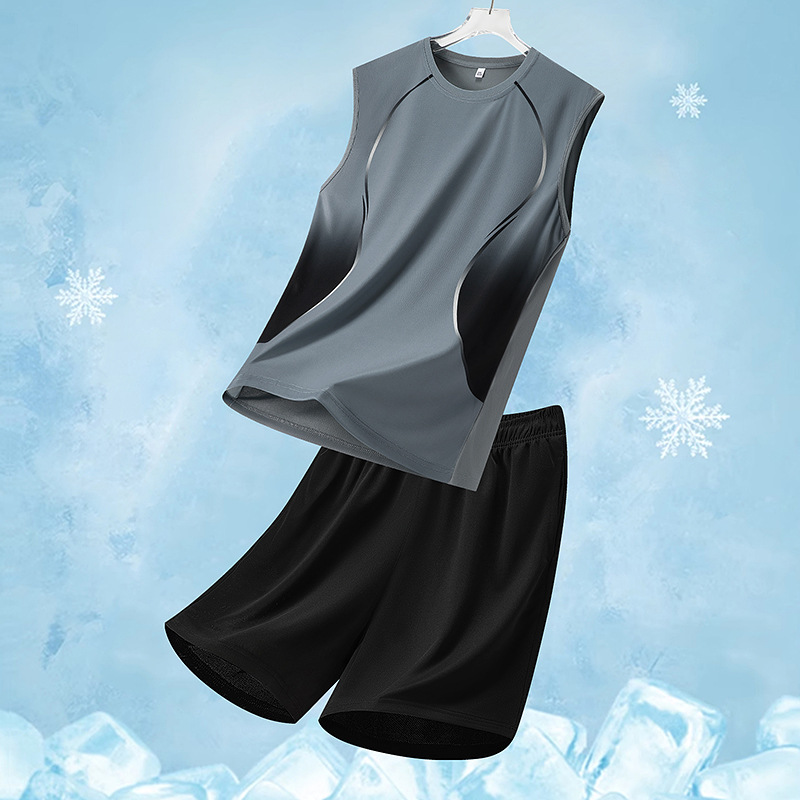 Traje deportivo para hombres de verano, traje casual para hombres, impresión graduada, suelta de dos piezas, chaleco de secado rápido, pantalones cortos para hombres