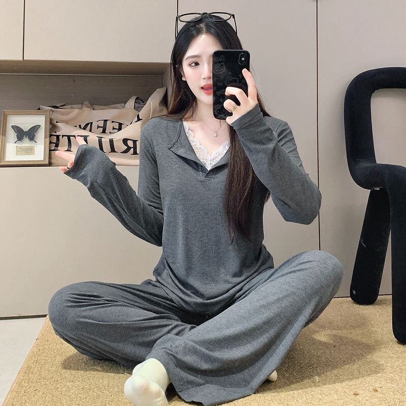 Modal Pajamas for Women in Spring, Autumn and Winter, Two-Piece Long-Sleeved Pajamas with Breast Pads That Can Be Worn Outside, Casual Home Wear Two-Piece Suit Modal Pajamas for Women in Spring, Autumn and Winter, Two-Piece Long-Sleeved Pajamas with Breast Pads That Can Be Worn Outside, Casual Home Wear Two-Piece Suit