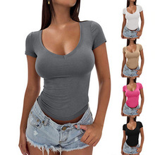 2025年夏季跨境欧美亚马逊高级感时尚女装修身显瘦圆领短袖T恤女