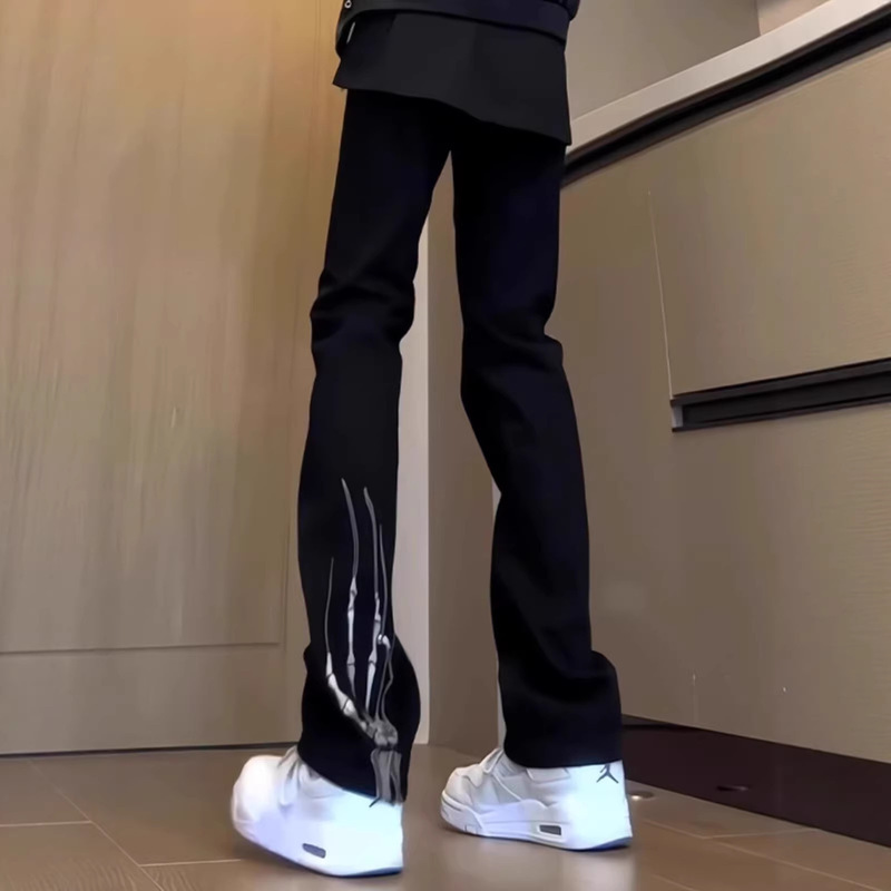 American-Style High Street Pants with a Design Featuring Skull Claw Embroidery, Cool and Stylish Men's Jeans, Slim Fit, Slightly Flared Straight-Leg Long Pants American-Style High Street Pants with a Design Featuring Skull Claw Embroidery, Cool and Stylish Men's Jeans, Slim Fit, Slightly Flared Straight-Leg Long Pants