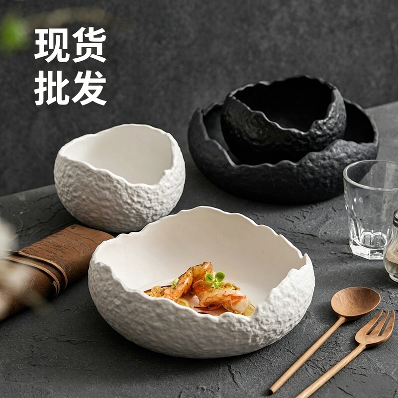 Wholesale White Ceramic Tableware Soup Bowls, Japanese-Style Irregular Bowls, Deep Bowls, Dessert Bowls, Creative Irregular Fruit Salad Bowls