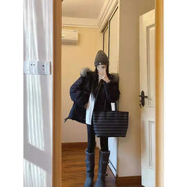 超大真毛领连帽工装派克服羽绒服女冬季加厚中长款外套