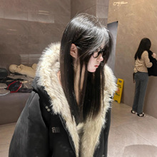 国潮座山雕复古麂皮绒耳朵毛领连帽棉服女超好看保暖宽松棉衣外套