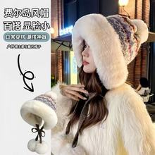 加绒针织加厚保暖帽女款显脸小秋冬季毛球护耳大帽檐防寒毛线帽