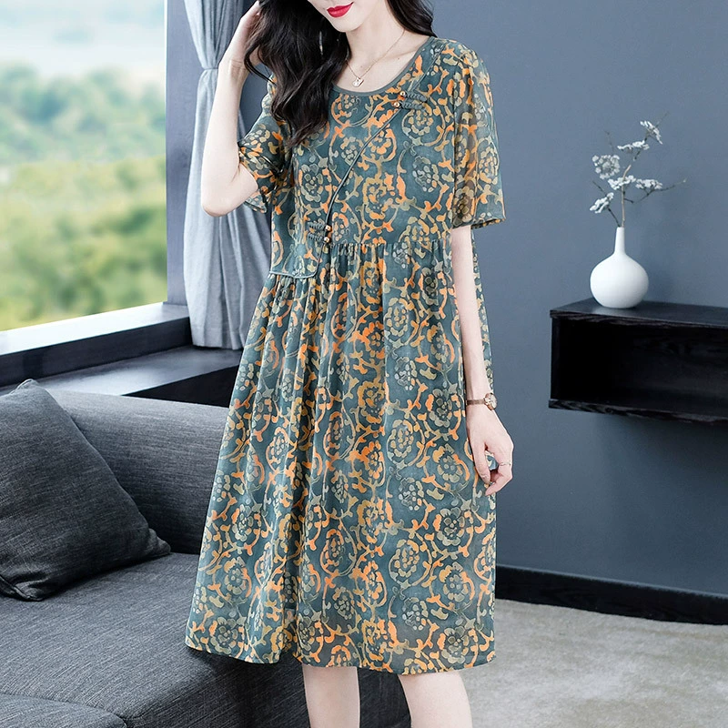 Fat MM Плюс Размер лето с короткими рукавами китайская пряжка с ветровым диском свободное шифоновое тонкое платье для пожилых женщин