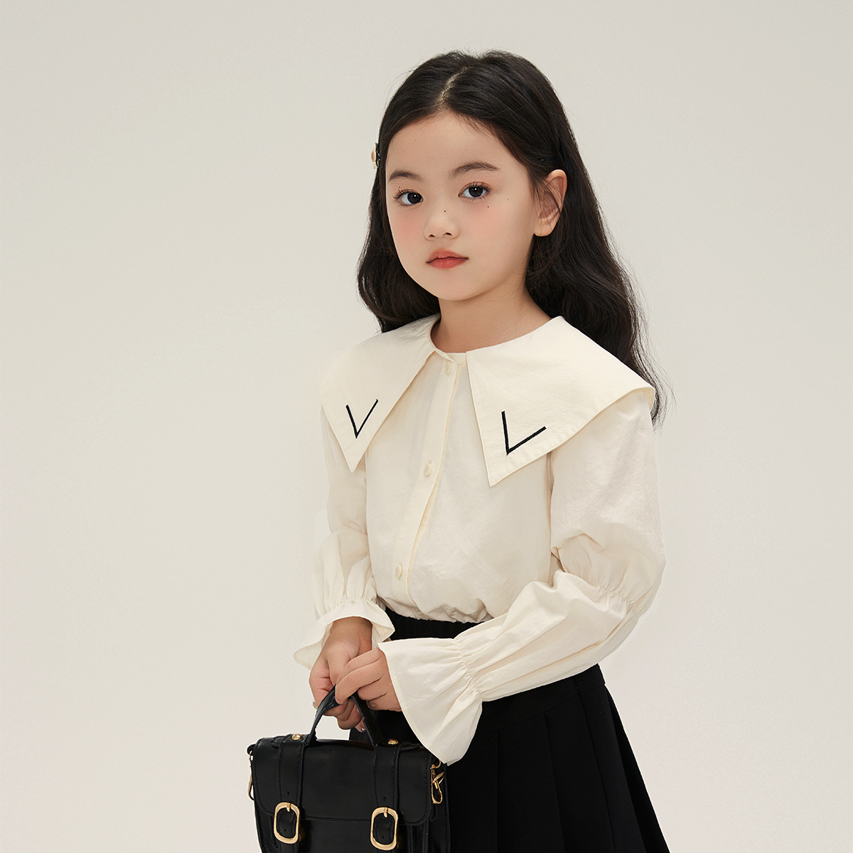 Estilo coreano dulce estilo solapa puff manga camisa de las niñas 2024 primavera nuevos niños todo-fósforo color sólido bebé camisa