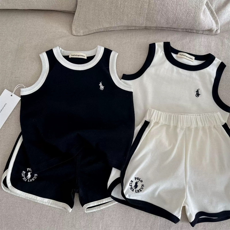 100% Cotton Kidsren's Summer Vest Suit New Style Embroidered Trendy Shorts for Boys and Girls Sleeveless Shirt Thin and Breathable