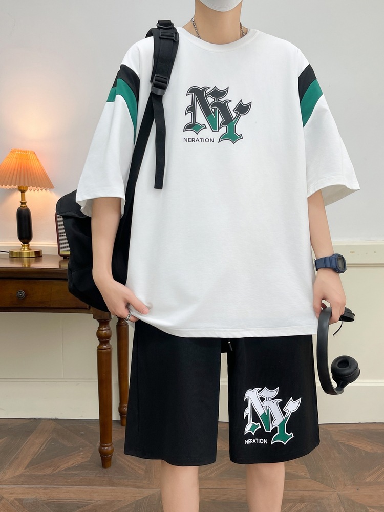 Juvenile set de pantalones cortos de mangas cortas para hombres nueva moda impresión suelta patrón de ropa deportiva casual camiseta de dos piezas set