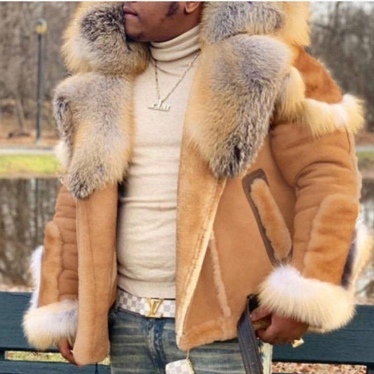 Wish foreign trade men's imitation leather fur one big fur collar long sleeve coat winter new imitation fur coat