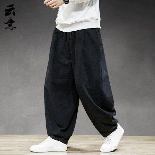 Pantalones largos de lino fino de primavera y verano de estilo chino, pantalones largos de pierna ancha de talla grande más gordos, pantalones harem casuales de algodón y lino