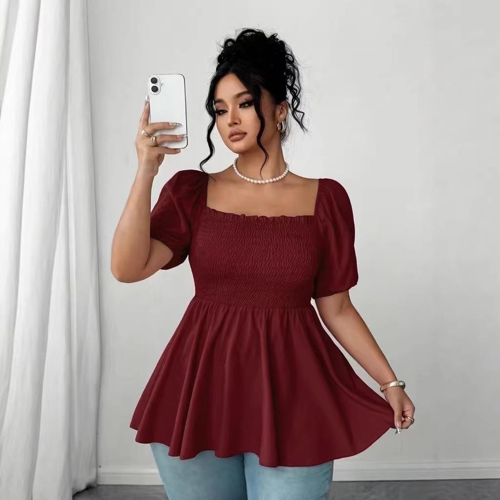 2026 New Cross-Border Plus Size Fashion Pleated Women's Shirt with Square Collar, Sweet and Versatile Slim-Fit Casual Top for Women