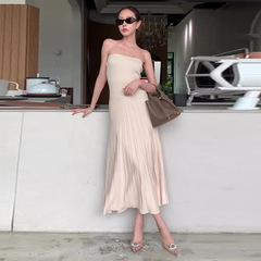 2025夏季新款欧美亚马逊跨境外贸女装抹胸无袖压褶修身纯色连衣裙