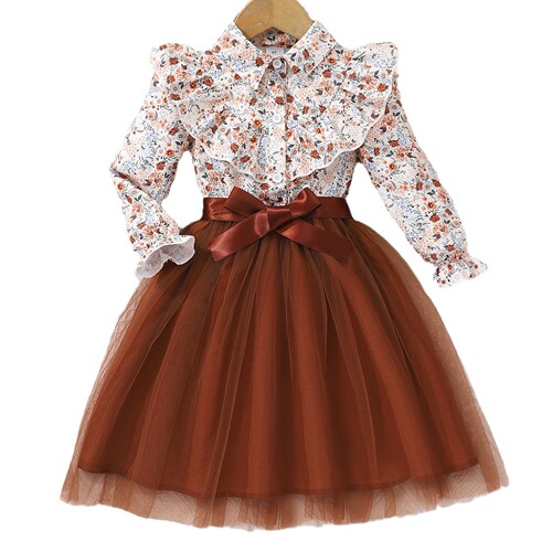 Spring and Autumn New Arrival Girls' Long-Sleeved Lapel Floral Printed Mesh Dress with Woven Belt—European and American Style Princess Dress for Girls