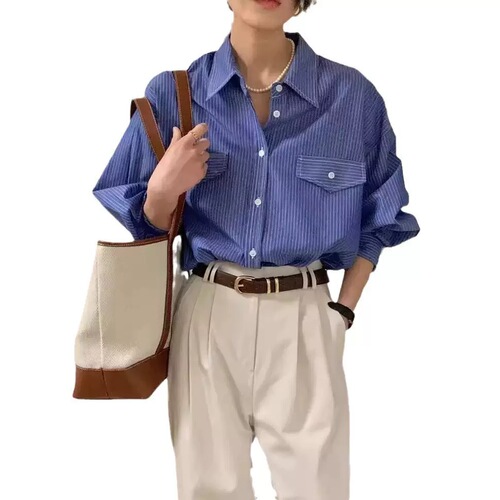Women's Loose Straight-C Collar Striped Long-Sleeve Shirt with Single Button - Chic Autumn New Style, Versatile and Stylish