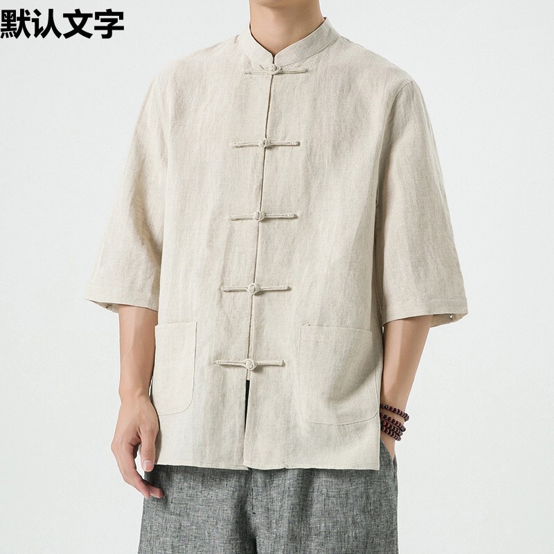 中国風メンズリネンシャツ中国風唐服綿麻メンズ七分袖シャツ夏レトロ立襟上着|undefined