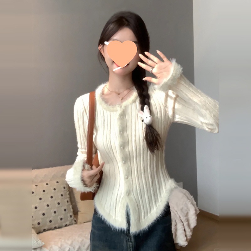 2025 Winter Early Spring New Velvet Inner Layering Shirt White Sweater Knitted Cardigan Top Jacket Women Spring & Fall