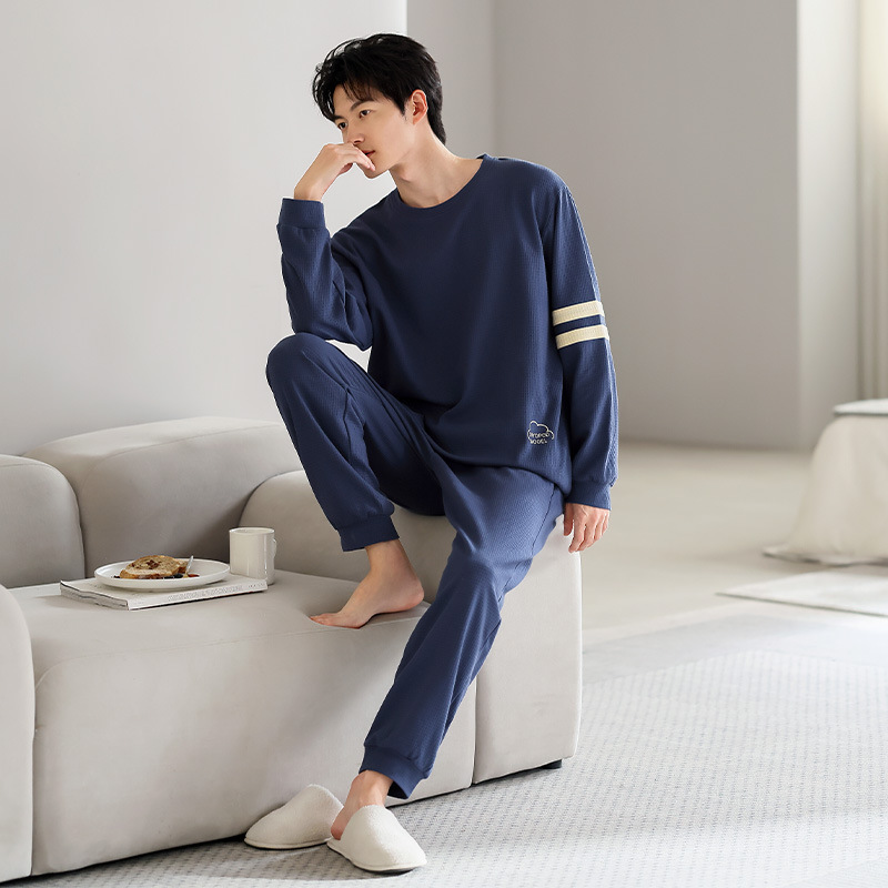 2026 Spring New Double-Sided Pure Cotton Pullover Loose Comfortable Pajamas Long Sleeve Long Pants Two-Piece Men's Set