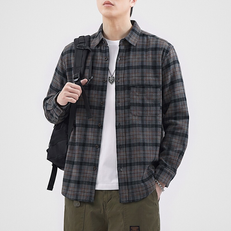 American retro brushed plaid long-sleeve shirt for men, loose and trendy, versatile white, stylish old money style men's shirt American retro brushed plaid long-sleeve shirt for men, loose and trendy, versatile white, stylish old money style men's shirt