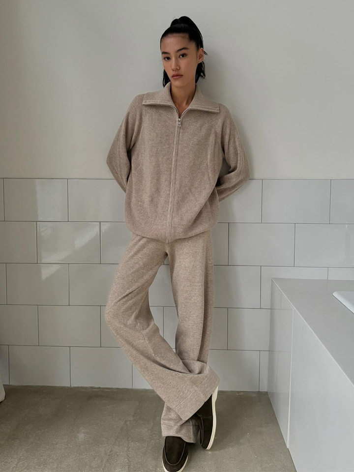 Bộ áo cardigan dệt kim khóa kéo phối quần dài ống rộng nữ — màu bột yến mạch, màu nâu, màu xám, trắng chi tiết 65