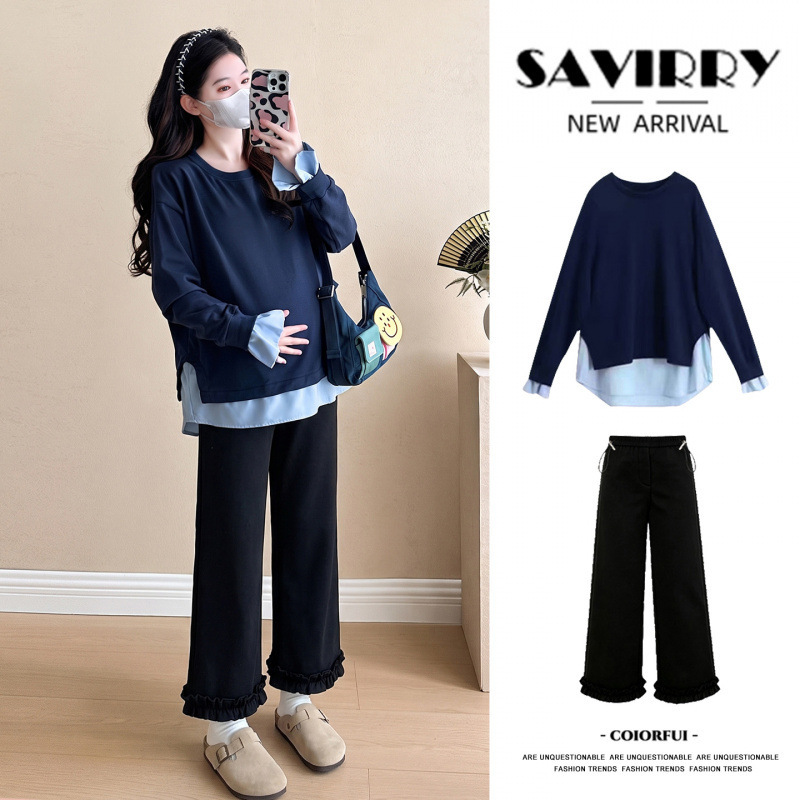 Maternity wear spring and autumn set 2026 fashion style loose navy blue sweatshirt with lace pants two-piece long-sleeve top Maternity wear spring and autumn set 2026 fashion style loose navy blue sweatshirt with lace pants two-piece long-sleeve top