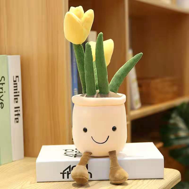 Fan literario cara sonriente tulipán suculente planta verde en maceta muñeca de decoración juguete de peluche de Amazon muñeca de agarre