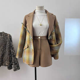 实拍韩系西装式毛呢外套女秋冬新款感双面呢子大衣