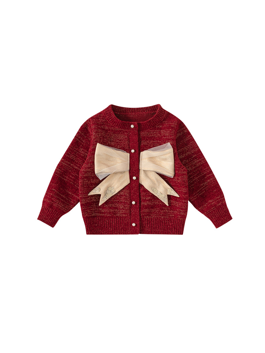 Yoobao ropa infantil de niñas suéter de arco cardigan otoño invierno rojo nuevo bebé ropa de Año Nuevo abrigo de punto
