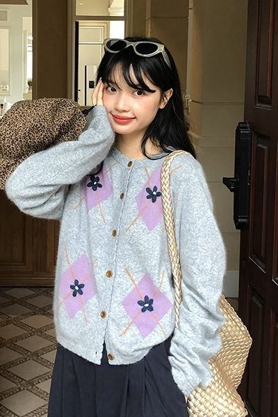 Casual Preppy Style Rhombus Plaid Jacquard Gray Knitwear Women's Autumn and Winter Style Infrared Student Jacket