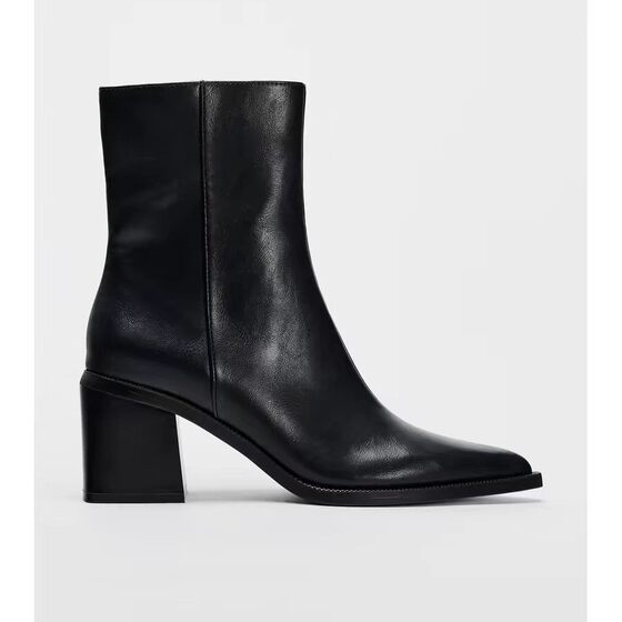 ZAKQ2024 autumn and winter new side zipper closed pointed thick heel high heel chimney short boots 3110410