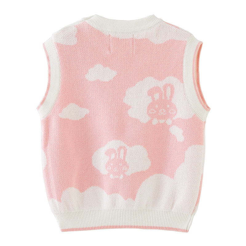 2023 primavera y otoño ropa infantil pequeño conejo blanco jacquard algodón suéter chaleco lindo estilo occidental pequeñas y medianas niñas Chaleco de punto