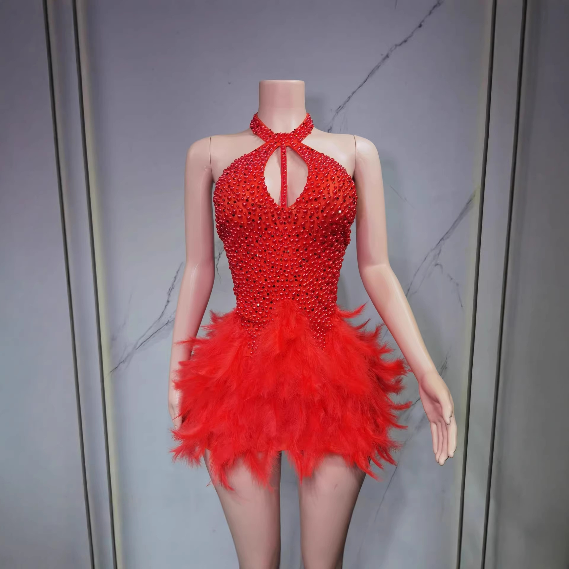 Christmas Outfit with Diamonds, Feather-Trimmed Sexy Off-Shoulder Bustier Dress for Female Singer, White European and American Style