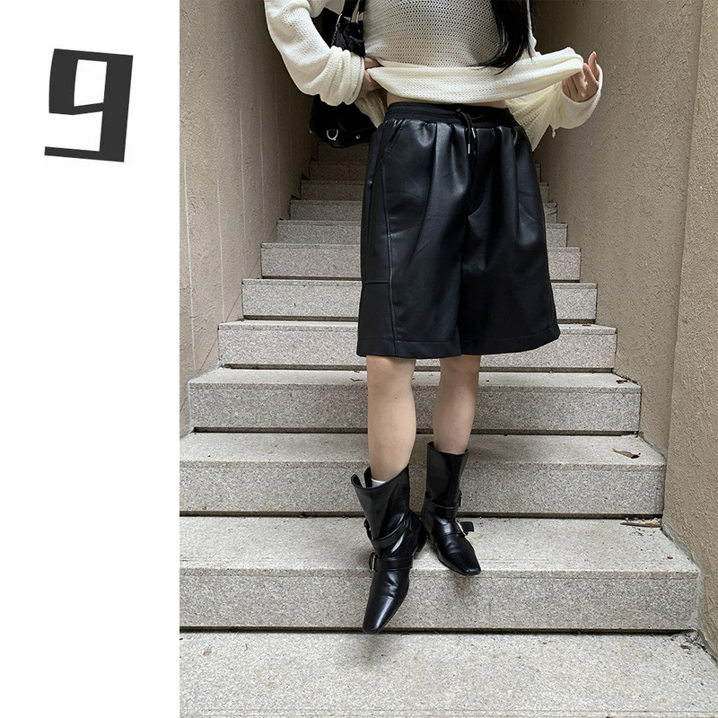 [9Hour] Street Motorcycle Style Pu Texture Leather Pants for Women 2025 Autum Elastic Waist Loose Casual Shorts C611