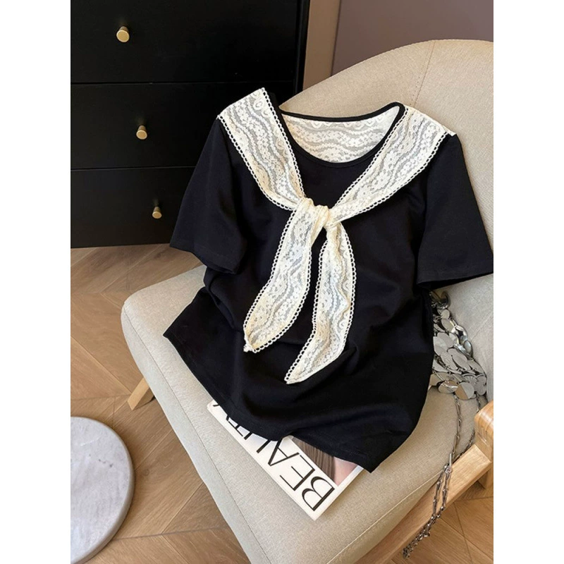 Лето 2025, новый стиль, кружевные вставки, искусственные две части, женские модные и стильные универсальные топы, свободные утягивающие короткие рукава