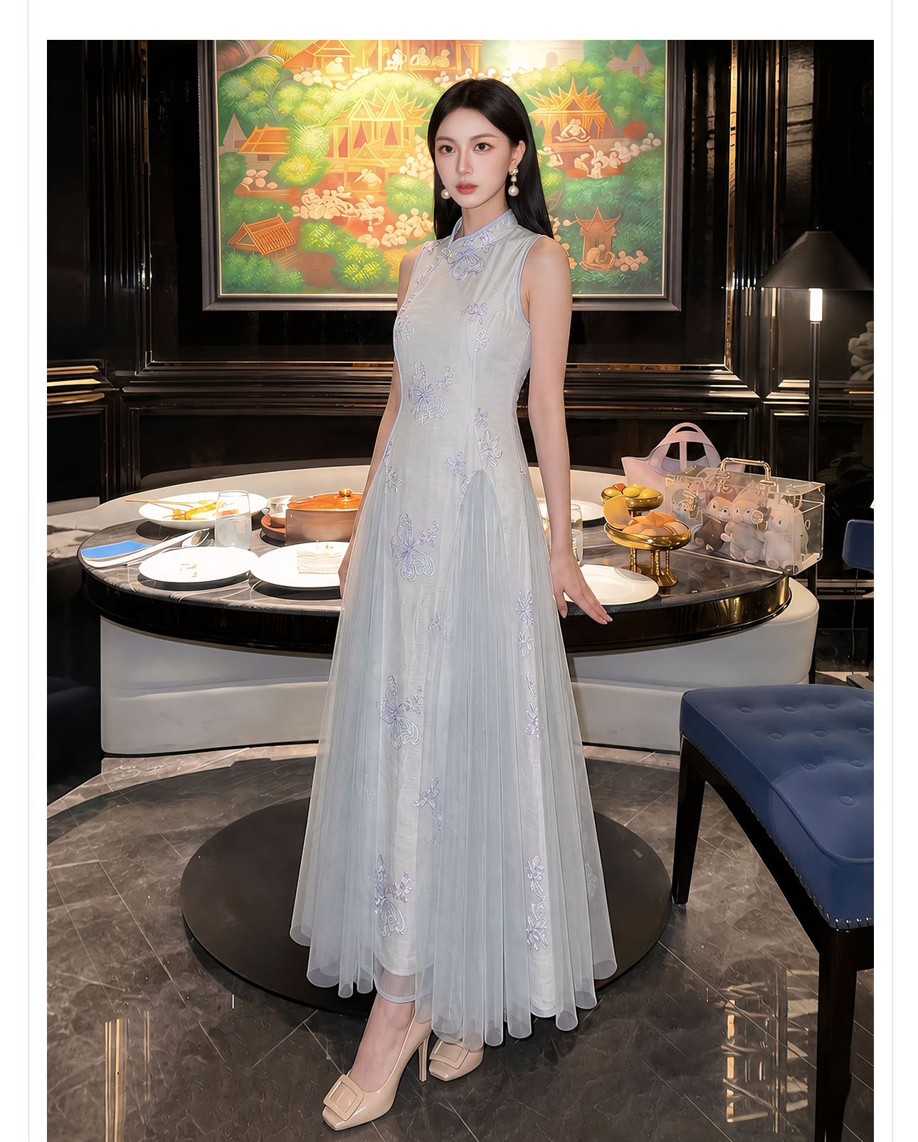Đầm maxi nữ thắt eo kiểu sườn xám cách tân không tay dáng dài — màu xanh nhạt chi tiết 5