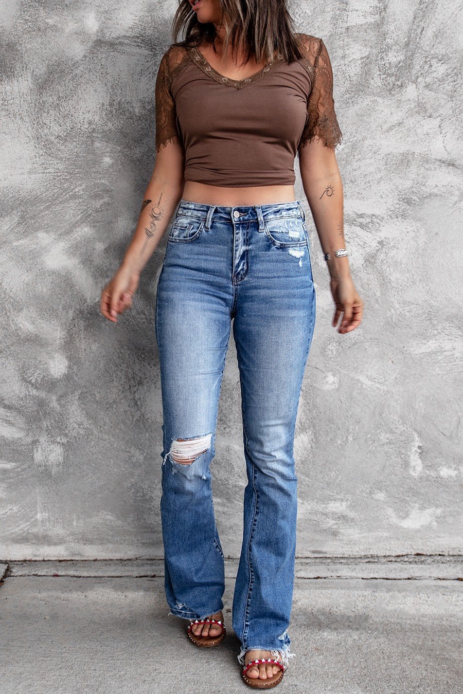 Jeans Acampanados de Cintura Alta para Mujer de Mezclilla, Alta Elasticidad, Rasgados, Borde Deshilachado, para Uso Casual image 7