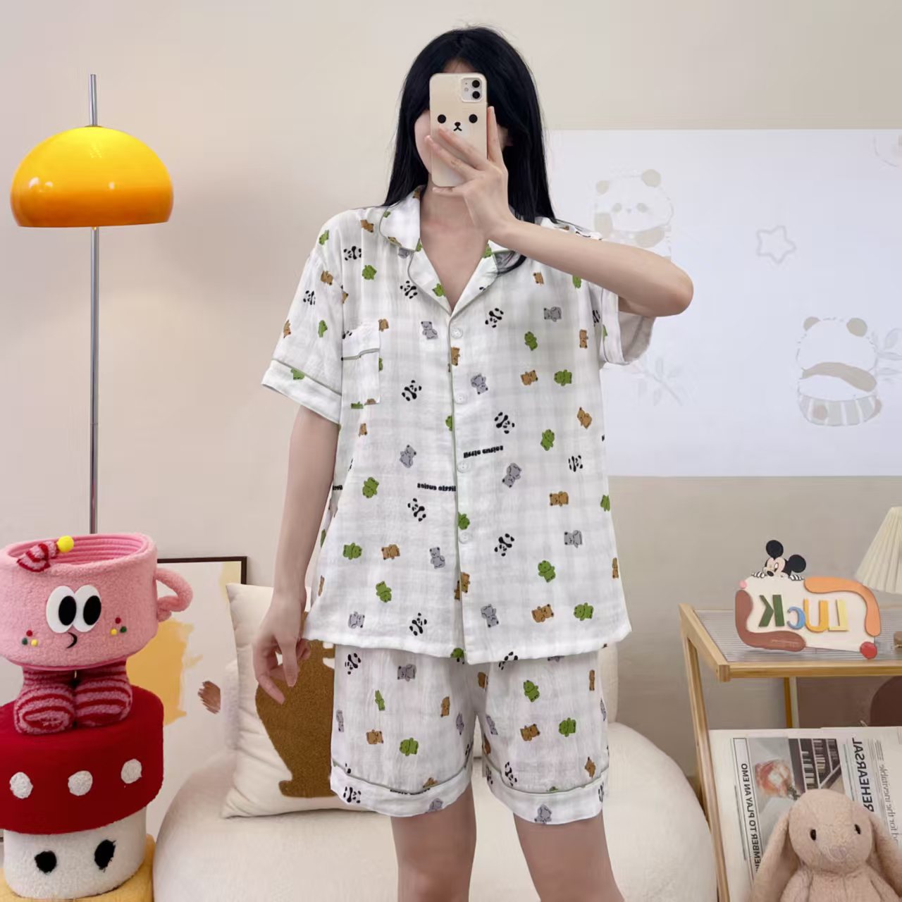Al por mayor transfronterizo cantidad de preciosos pantalones cortos de mangas cortas de verano pijamas de nube de algodón nuevo cardigan con solapa dibujos animados ropa para el hogar