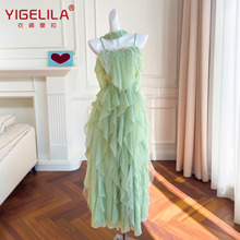【订货款】夏季新款吊带连衣裙小清新度假风草绿色连衣裙67913