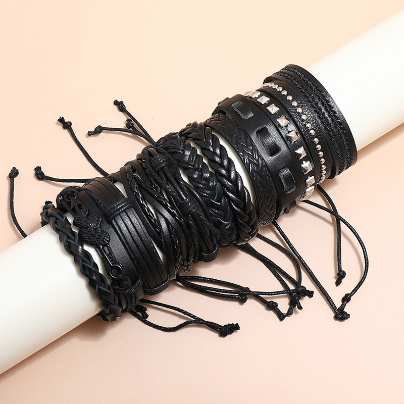 punk style multi-layer woven leather bracelet 12-piece set