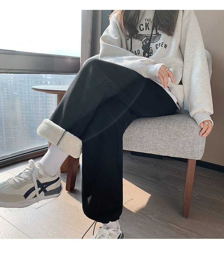 Super thick lambskin wide-leg pants, grey outerwear, thickened winter sports pants, drawstring cuffs, fleece sweatpants for women pic 23