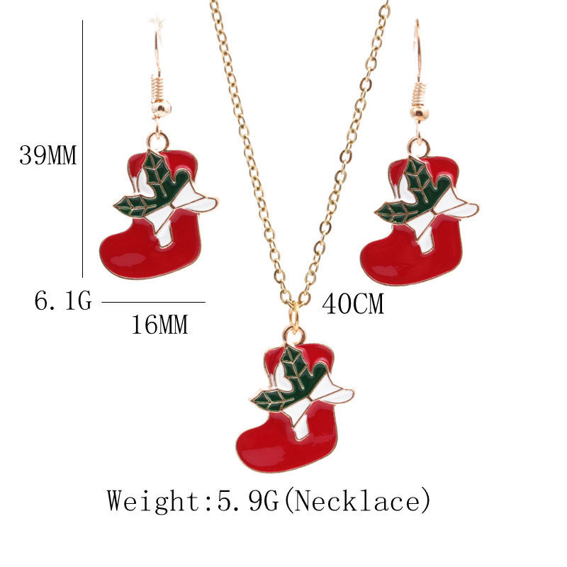 Fashion Christmas Sock Earring Necklace Set Alloy Drip Oil Christmas Socks Earrings Necklace Set