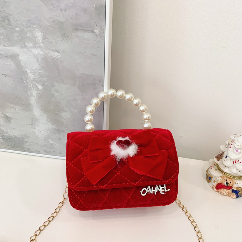 Bolso de niños nuevo bolso de perla rojo de Año Nuevo lindos princesas niñas bolso de hombro de cadena de estilo extranjero bolso de mochila