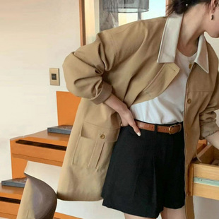 Size Updated Retro Lapel Zipper Classic Color-Blocking Double Pocket Loose Versatile Mid-Length Trench Coat Jacket
