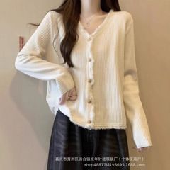 法式小香风V领毛衣外套女秋冬季微胖大码显瘦上衣别致流苏针织衫